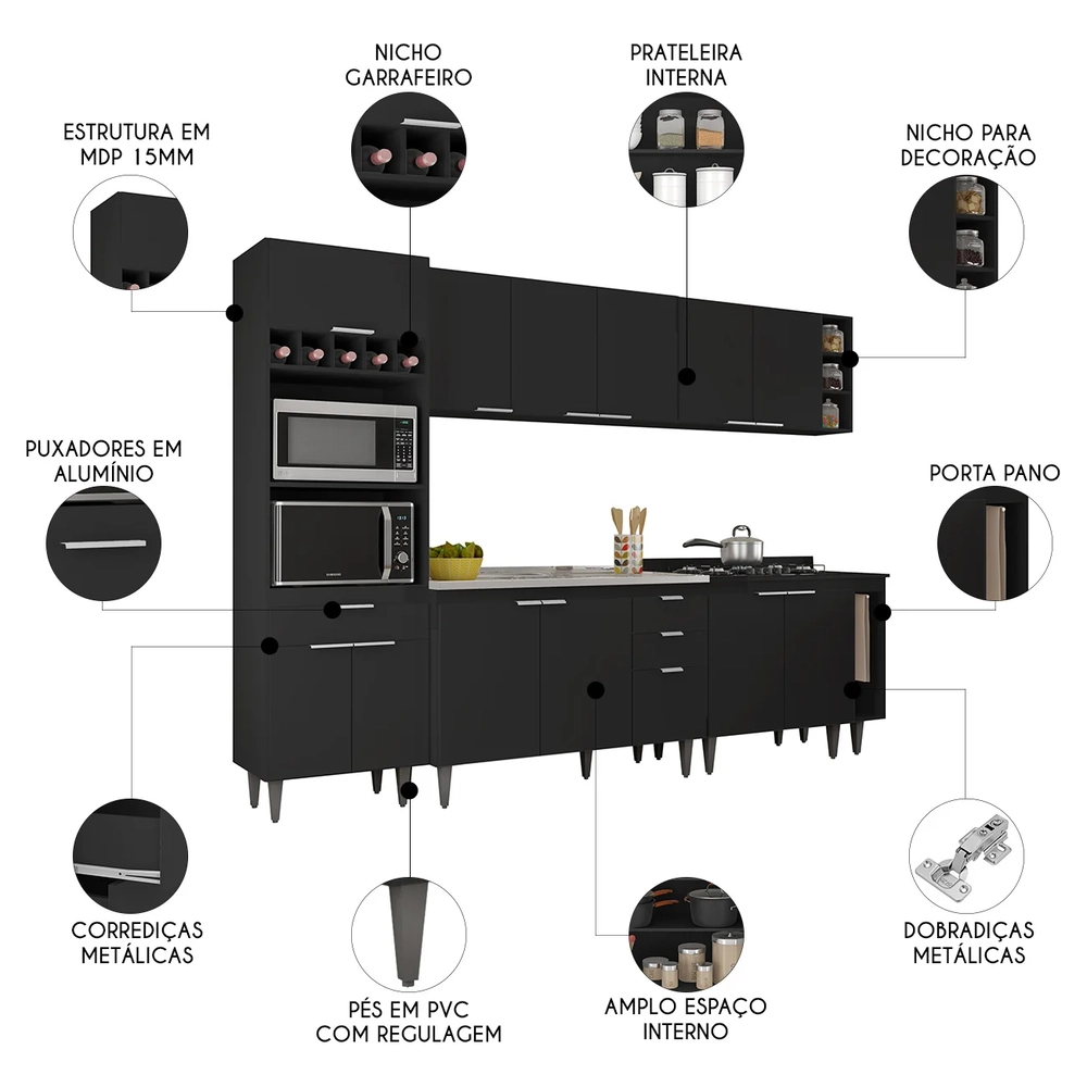 Armário de Cozinha CP07 Com Pia 120cm Pérola Z34 Preto      - Mpozenato