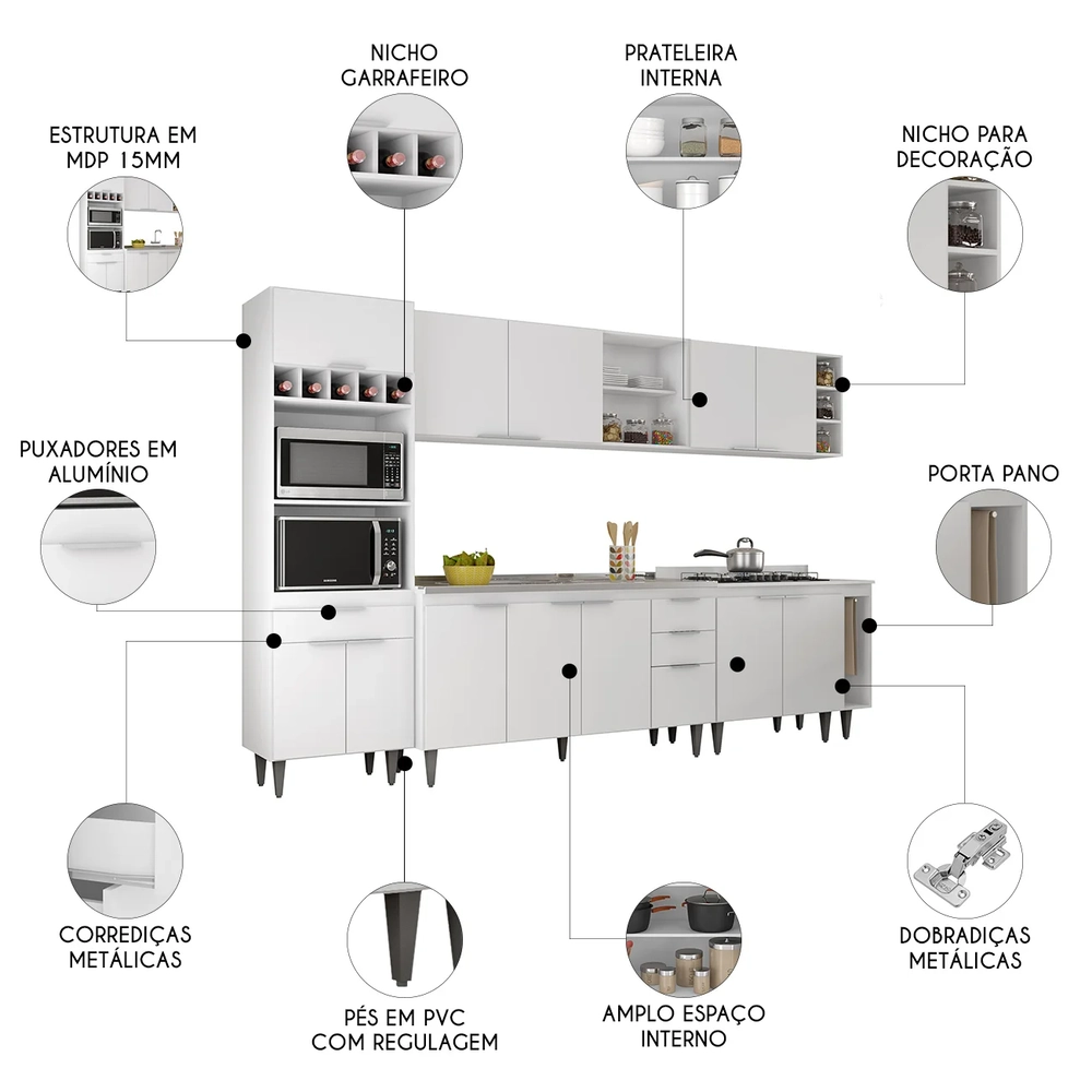 Armário de Cozinha CP07 Com Pia 150cm Pérola Z34 Branco     - Mpozenato