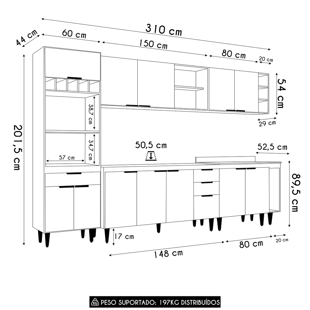 Armário de Cozinha CP07 Com Pia 150cm Pérola Z34 Branco     - Mpozenato