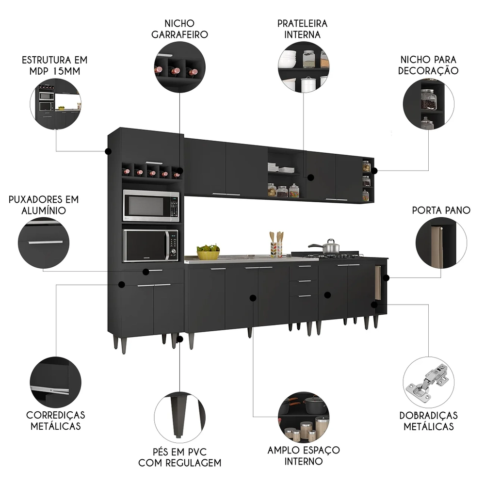 Armário de Cozinha CP07 Com Pia 150cm Pérola Z34 Preto      - Mpozenato