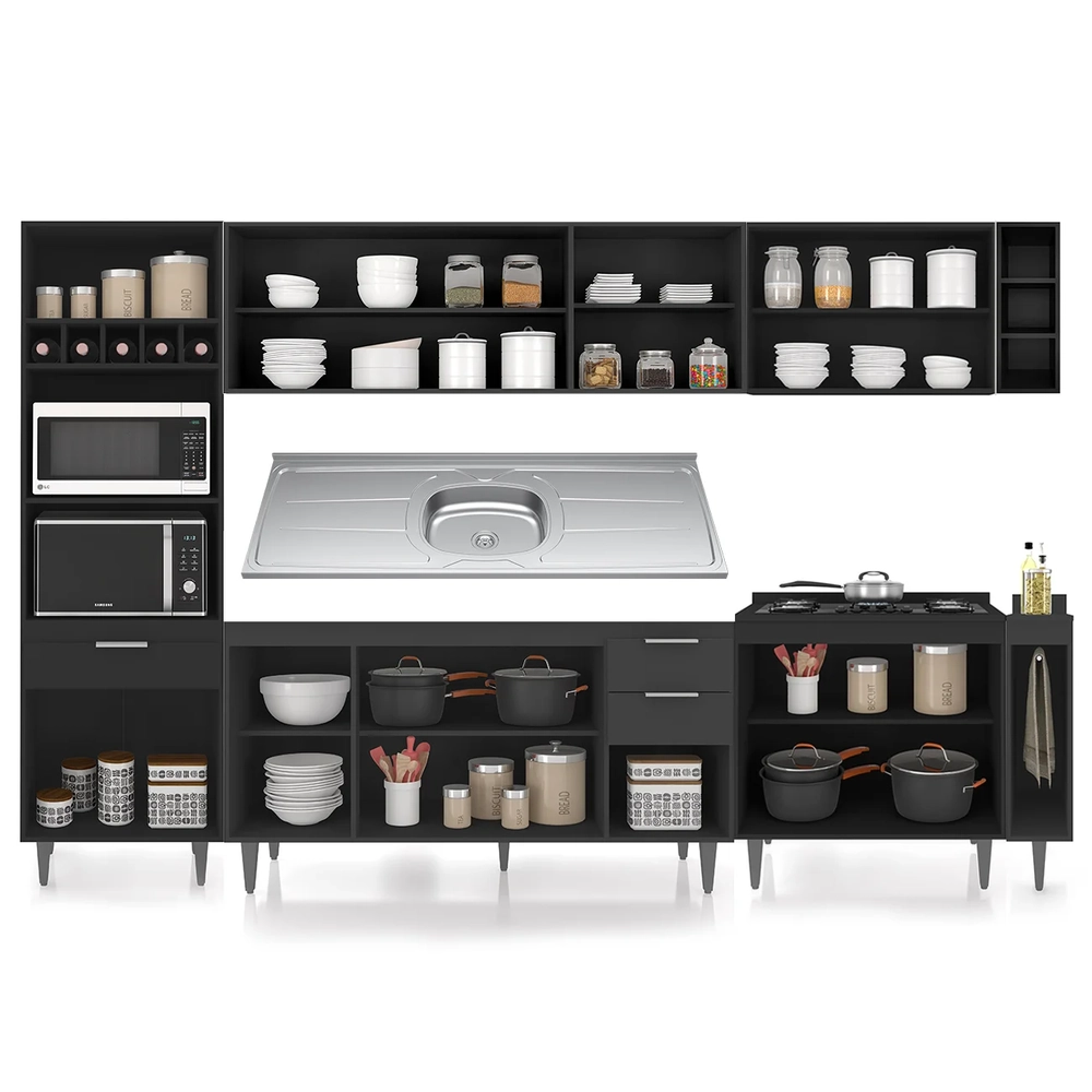 Armário de Cozinha CP07 Com Pia 150cm Pérola Z34 Preto      - Mpozenato