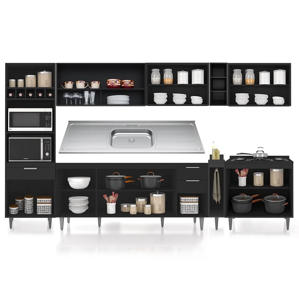 Armário de Cozinha CP07 Com Pia 180cm Pérola Z34 Preto      - Mpozenato