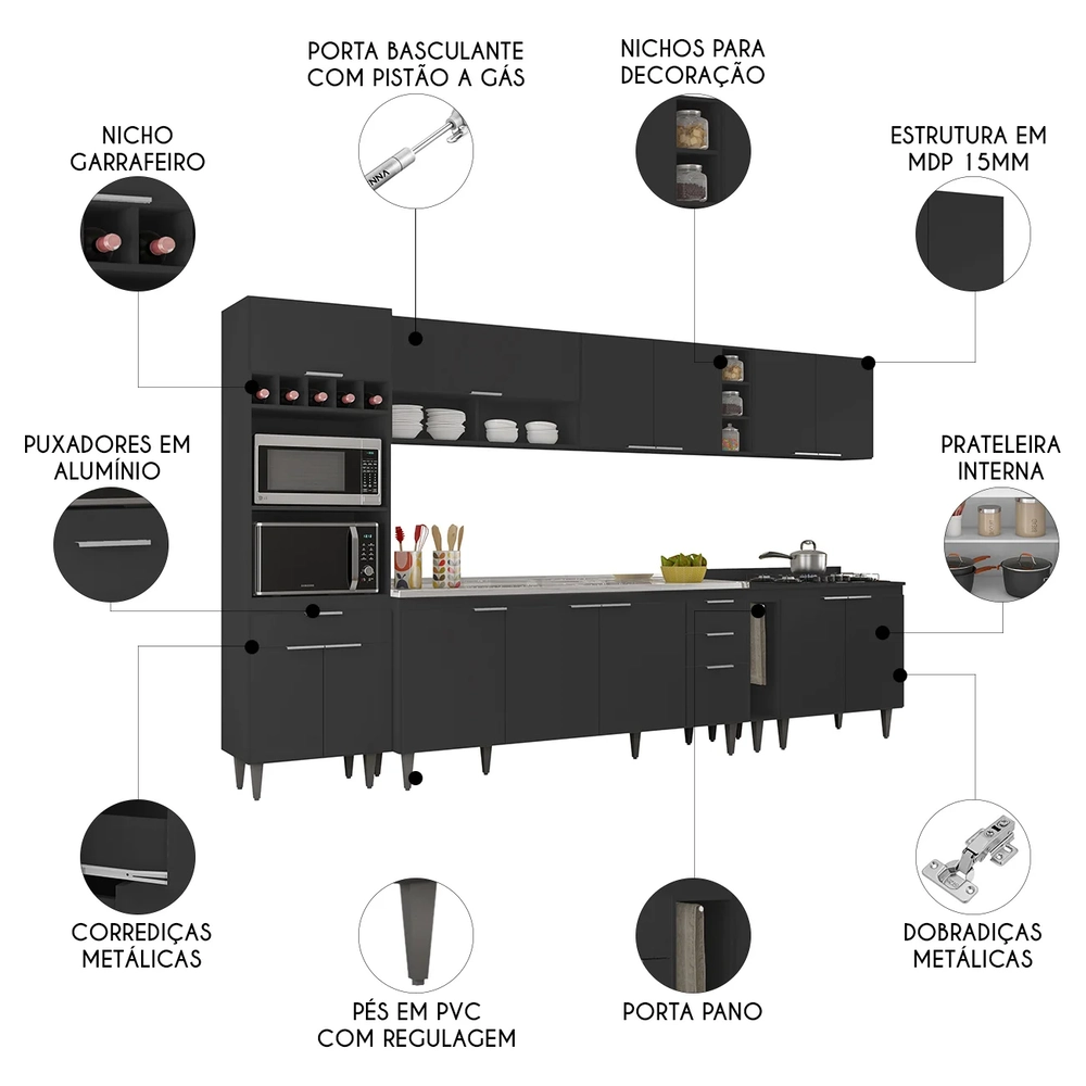 Armário de Cozinha CP07 Com Pia 180cm Pérola Z34 Preto      - Mpozenato
