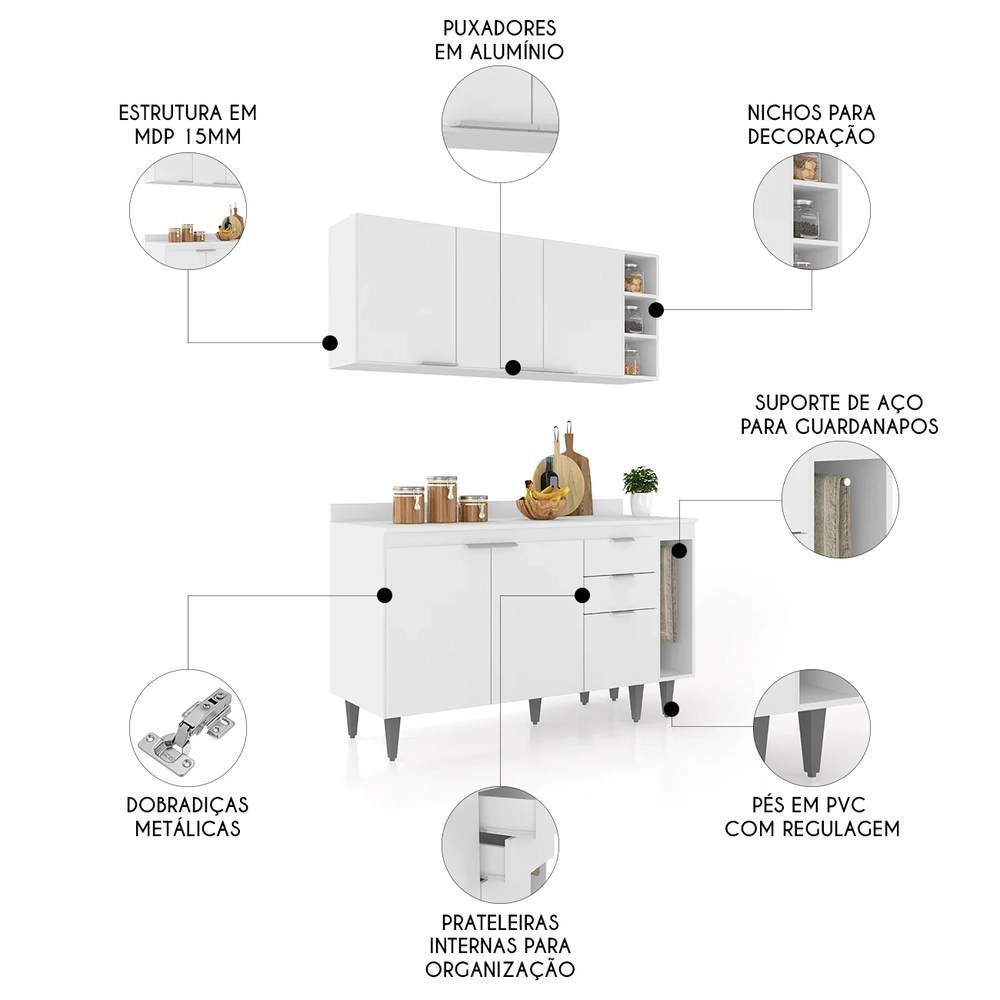 Armário de Cozinha Com Tampo CP08 140cm Pérola Branco Z34     - Mpozenato