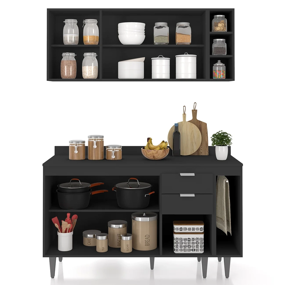 Armário de Cozinha Com Tampo CP08 140cm Pérola Preto Z34      - Mpozenato