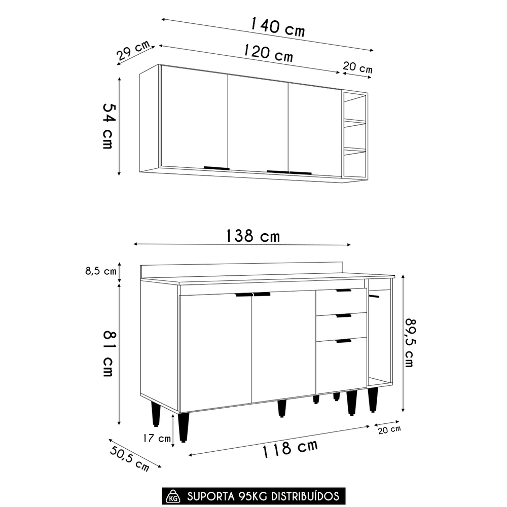 Armário de Cozinha Com Tampo CP08 140cm Pérola Preto Z34      - Mpozenato
