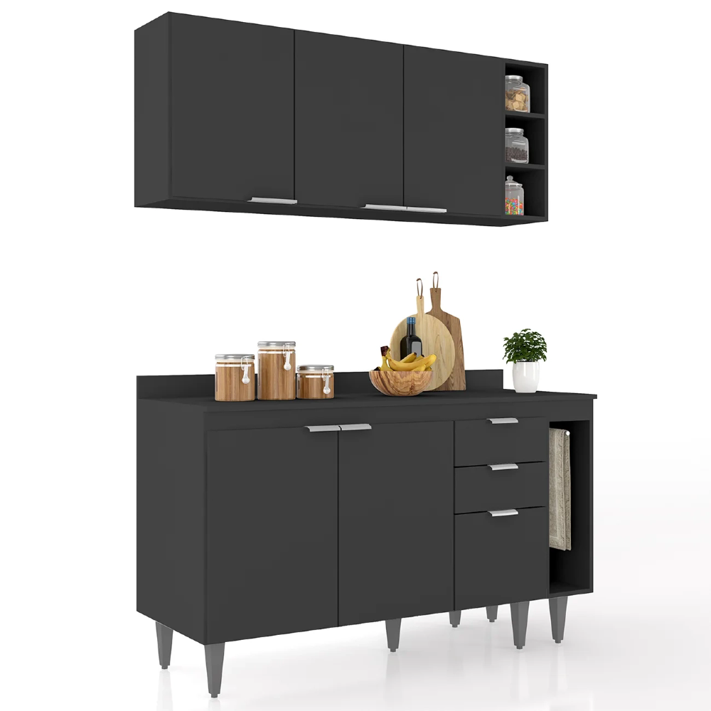 Armário de Cozinha Com Tampo CP08 140cm Pérola Preto Z34 - Mpozenato