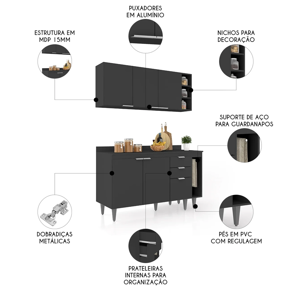 Armário de Cozinha Com Tampo CP08 140cm Pérola Preto Z34      - Mpozenato