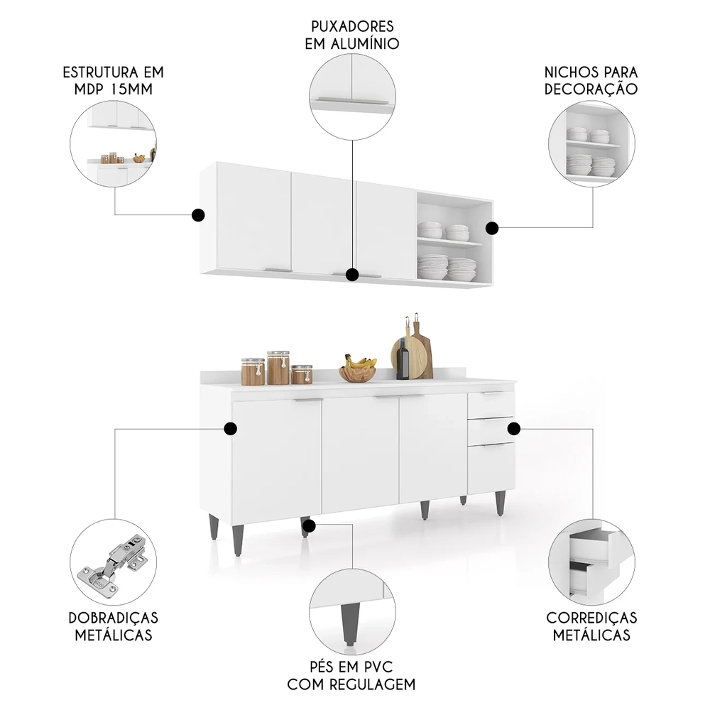 Armário de Cozinha Com Tampo CP10 180cm Pérola Branco Z34     - Mpozenato