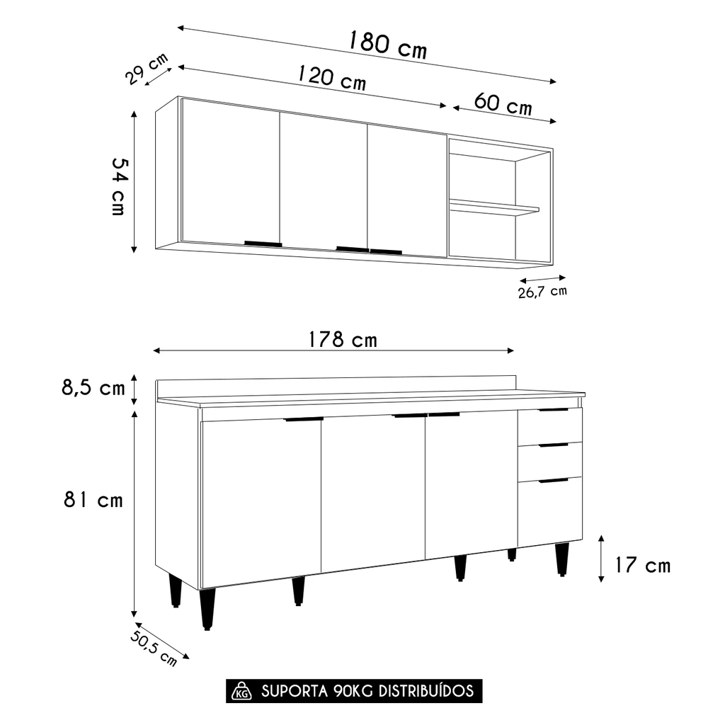 Armário de Cozinha Com Tampo CP10 180cm Pérola Branco Z34     - Mpozenato