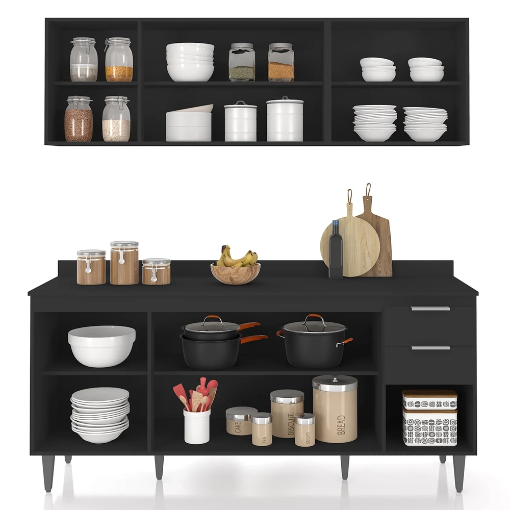 Armário de Cozinha Com Tampo CP10 180cm Pérola Preto Z34      - Mpozenato