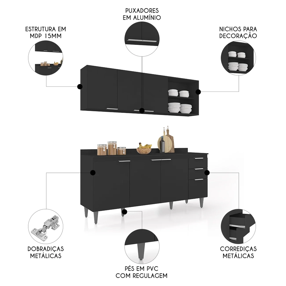Armário de Cozinha Com Tampo CP10 180cm Pérola Preto Z34      - Mpozenato