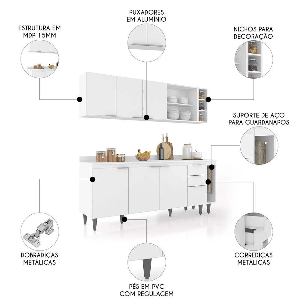 Armário de Cozinha Com Tampo CP11 200cm Pérola Branco Z34     - Mpozenato