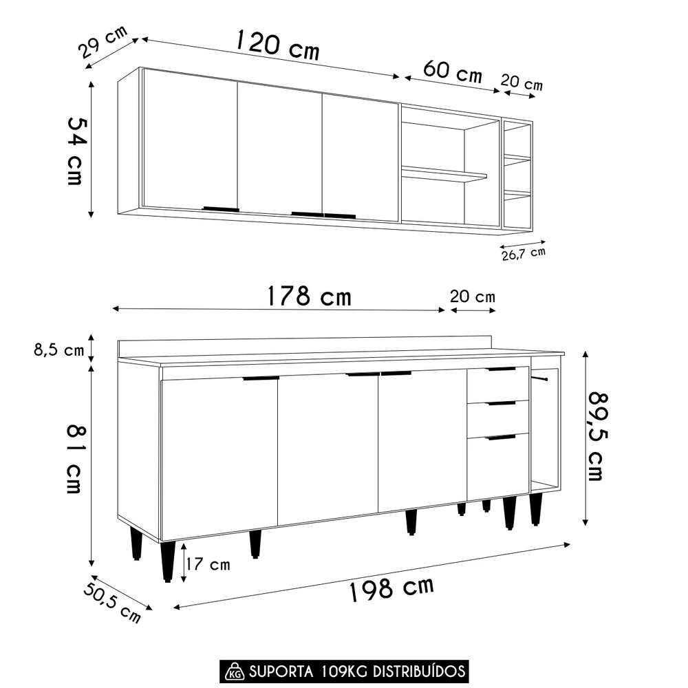 Armário de Cozinha Com Tampo CP11 200cm Pérola Preto Z34      - Mpozenato