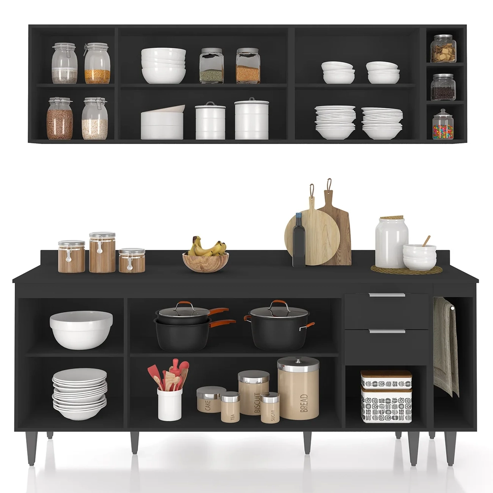 Armário de Cozinha Com Tampo CP11 200cm Pérola Preto Z34      - Mpozenato