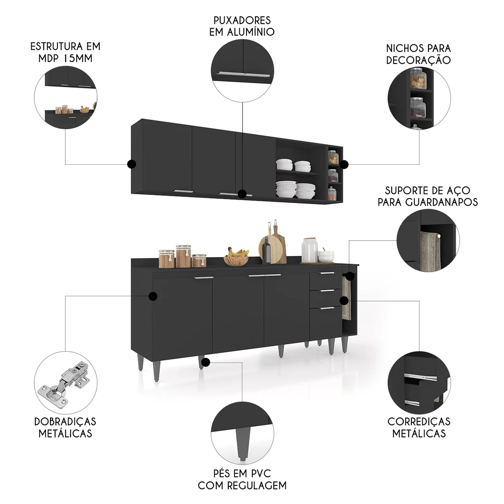 Armário de Cozinha Com Tampo CP11 200cm Pérola Preto Z34      - Mpozenato