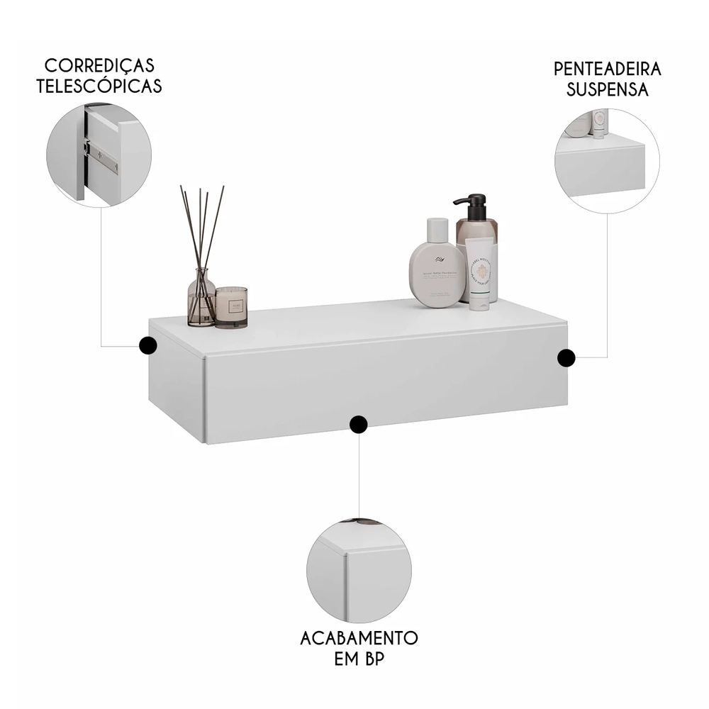Penteadeira Suspensa 60cm 1 Gaveta Carina Z34 Branco        - Mpozenato