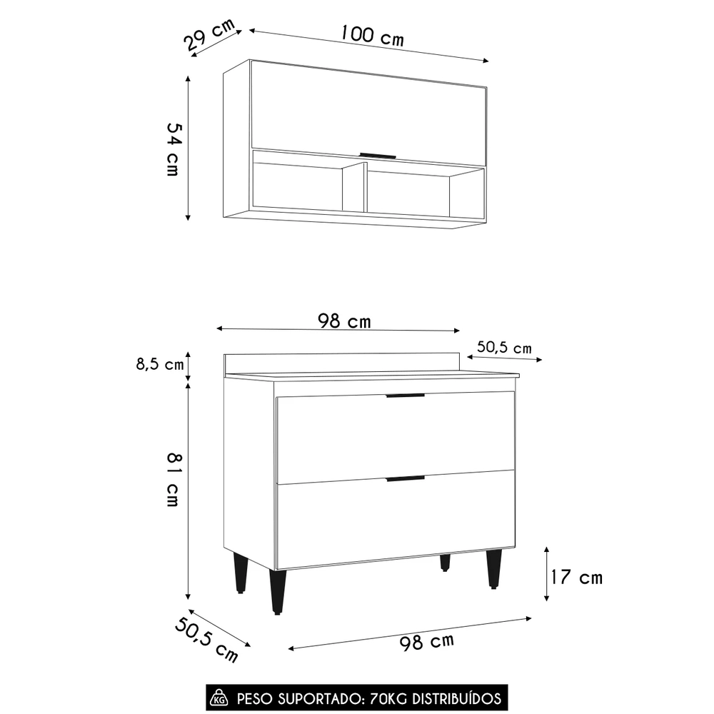 Armário de Cozinha Com Tampo CP01 100cm Pérola Branco Z34      - Mpozenato