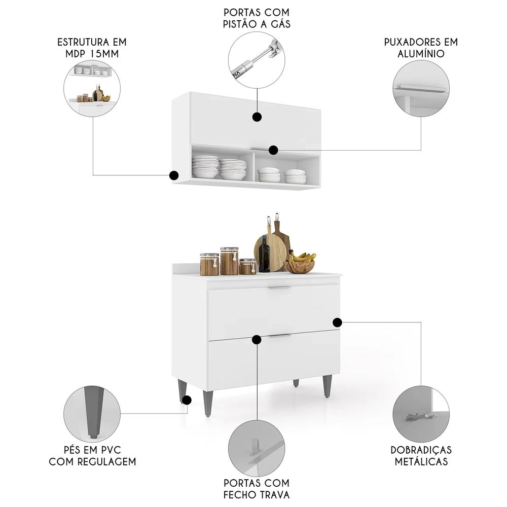 Armário de Cozinha Com Tampo CP01 100cm Pérola Branco Z34      - Mpozenato