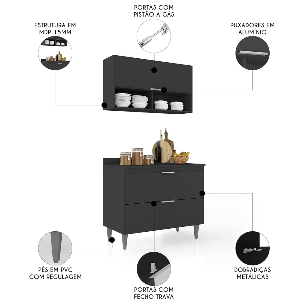 Armário de Cozinha Com Tampo CP01 100cm Pérola Preto Z34       - Mpozenato