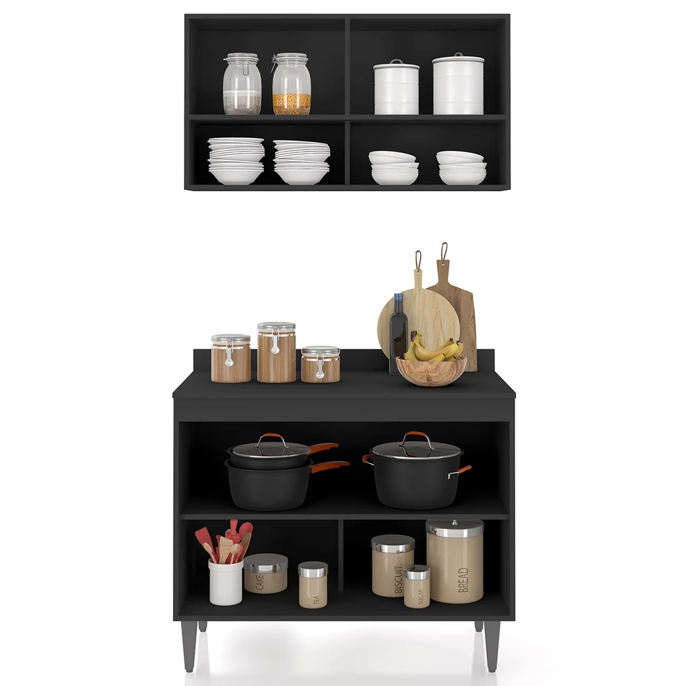 Armário de Cozinha Com Tampo CP01 100cm Pérola Preto Z34       - Mpozenato