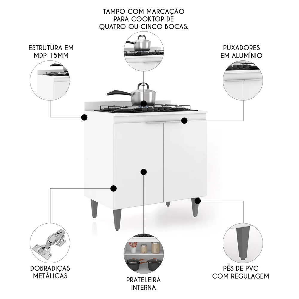 Balcão de Cozinha Para Cooktop 80cm Pérola Z34 Branco       - Mpozenato