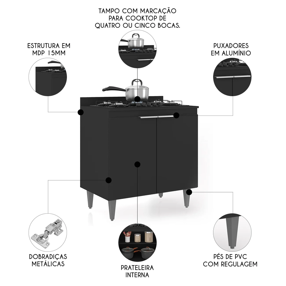 Balcão de Cozinha Para Cooktop 80cm Pérola Z34 Preto        - Mpozenato