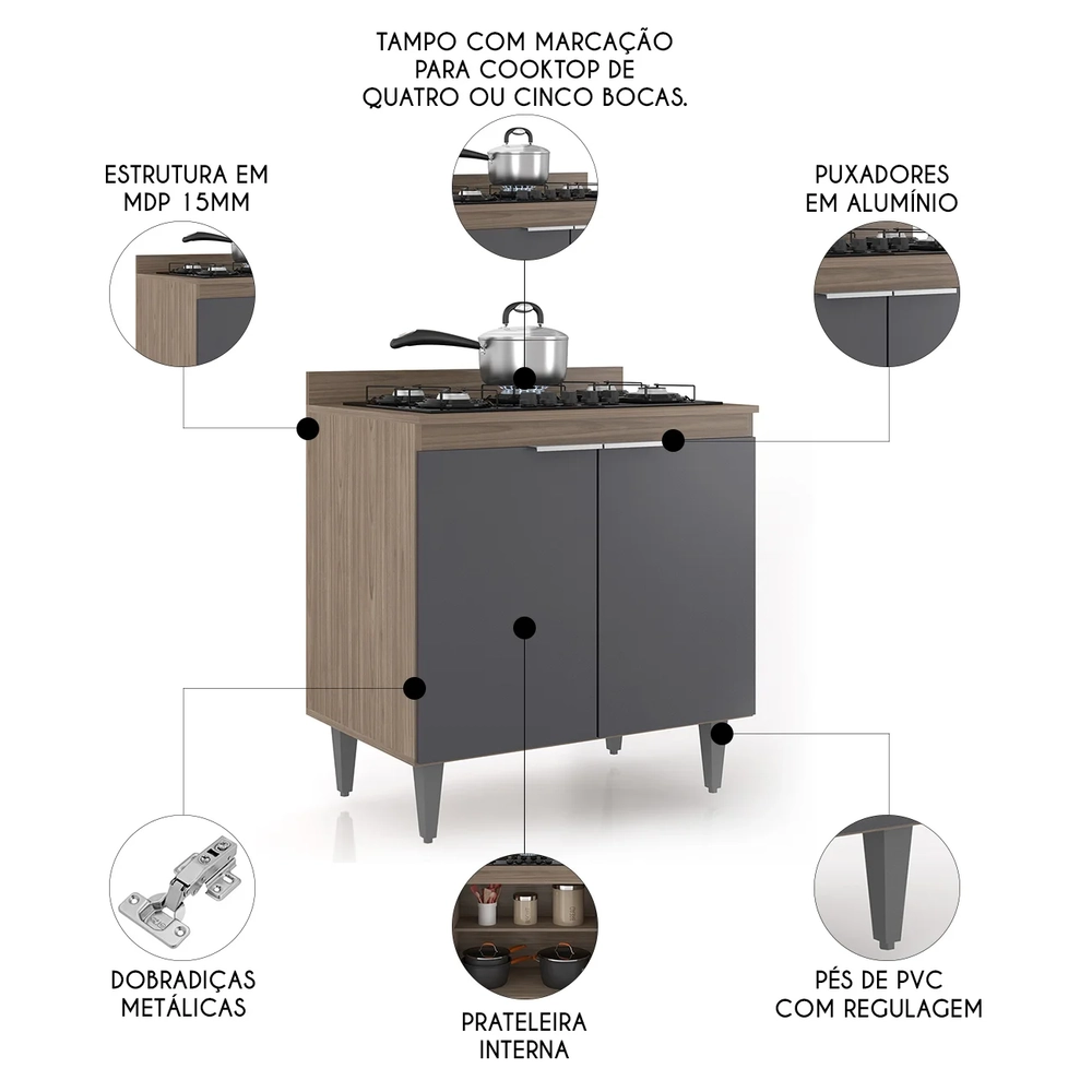 Balcão de Cozinha Para Cooktop 80cm Pérola Z34 Freijó/Grafite - Mpozenato