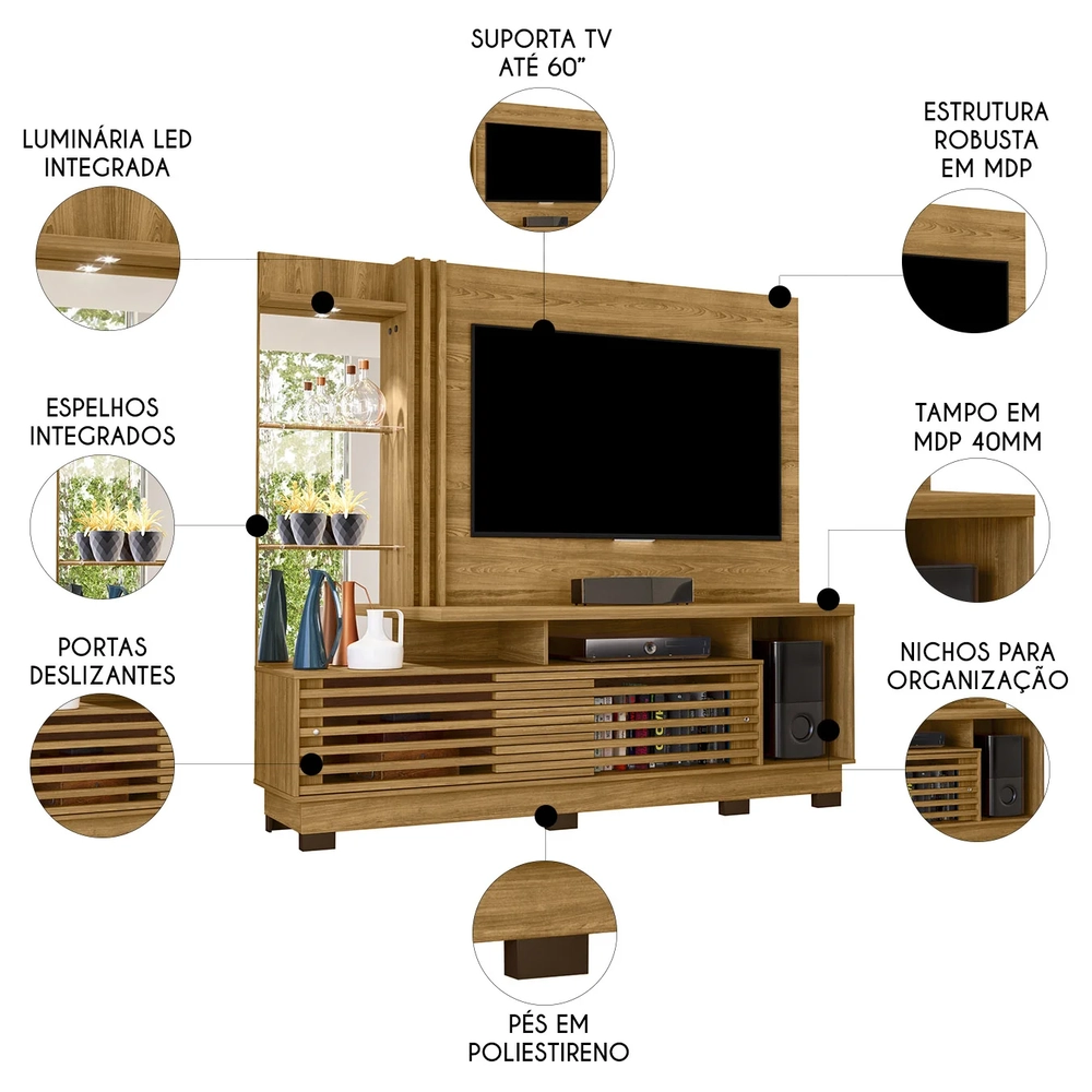 Estante Painel Para TV 60 Pol 200cm Sam Z10 Cumaru - Mpozenato