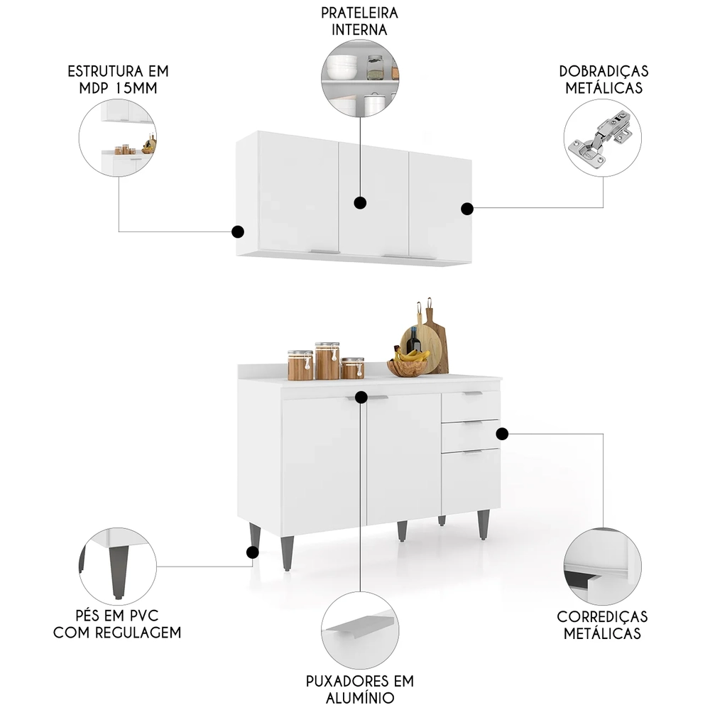 Armário de Cozinha Com Tampo CP01 120cm Pérola Branco Z34     - Mpozenato