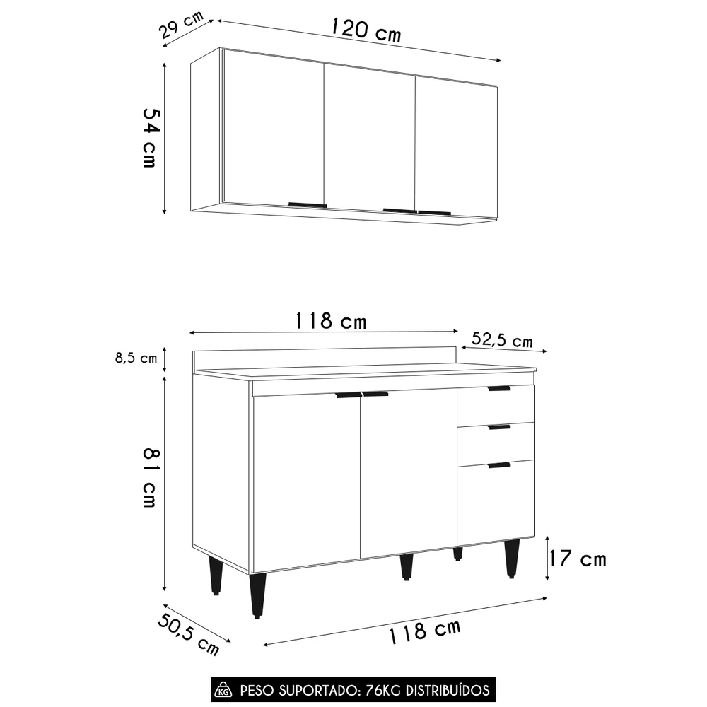 Armário de Cozinha Com Tampo CP01 120cm Pérola Branco Z34     - Mpozenato