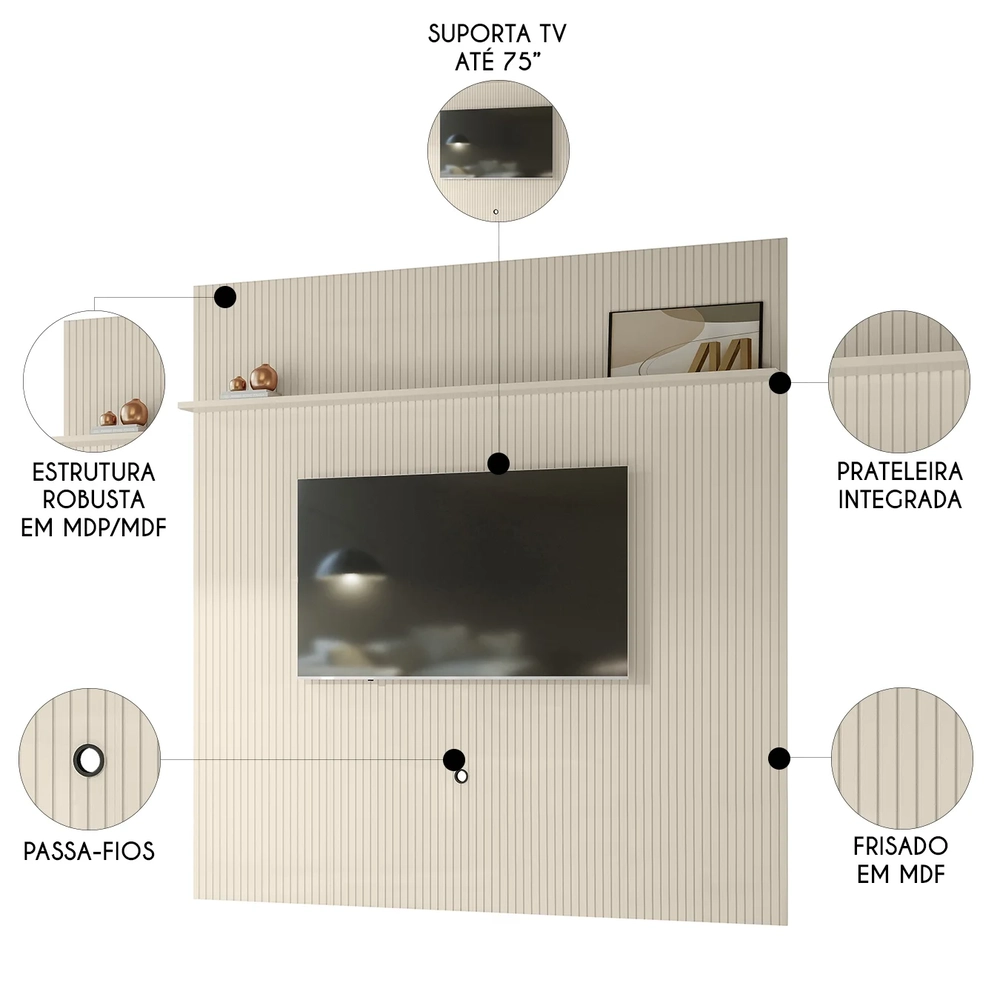 Painel Para TV 75 Polegadas 238cm André Z10 Off White - Mpozenato