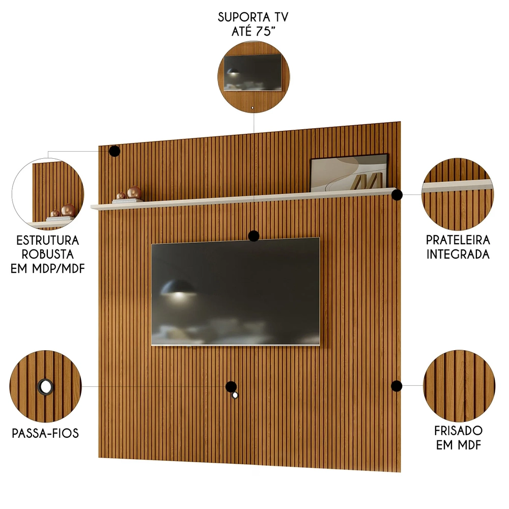 Painel Para TV 75 Polegadas 238cm André Z10 Off/Cinamomo - Mpozenato