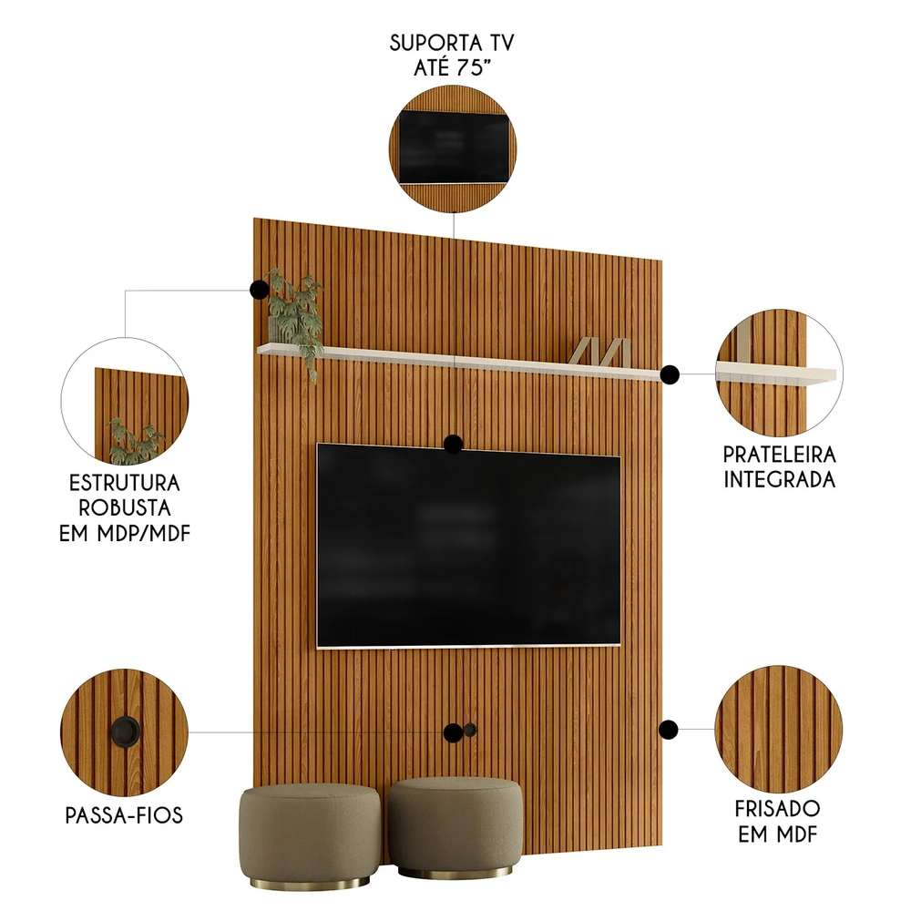 Painel Para TV 75 Polegadas 179cm Logus Z10 Off/Cinamomo - Mpozenato