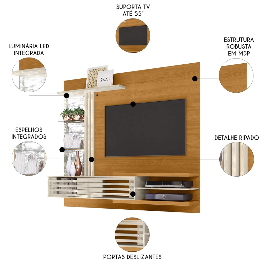 Painel TV 55 Pol e Bancada Suspensa Veena Z10 Off/Cinamomo - Mpozenato