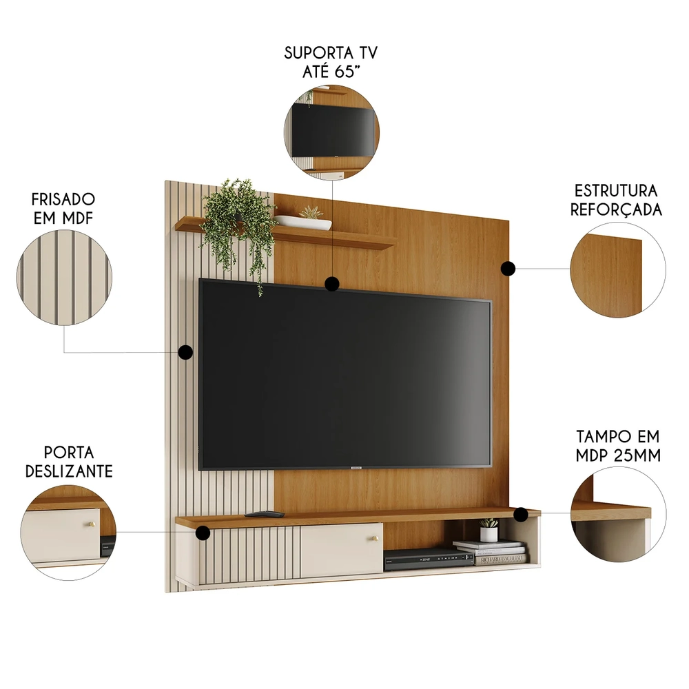 Painel TV 65 Pol e Bancada Suspensa Neris Z10 Off/Cinamomo - Mpozenato