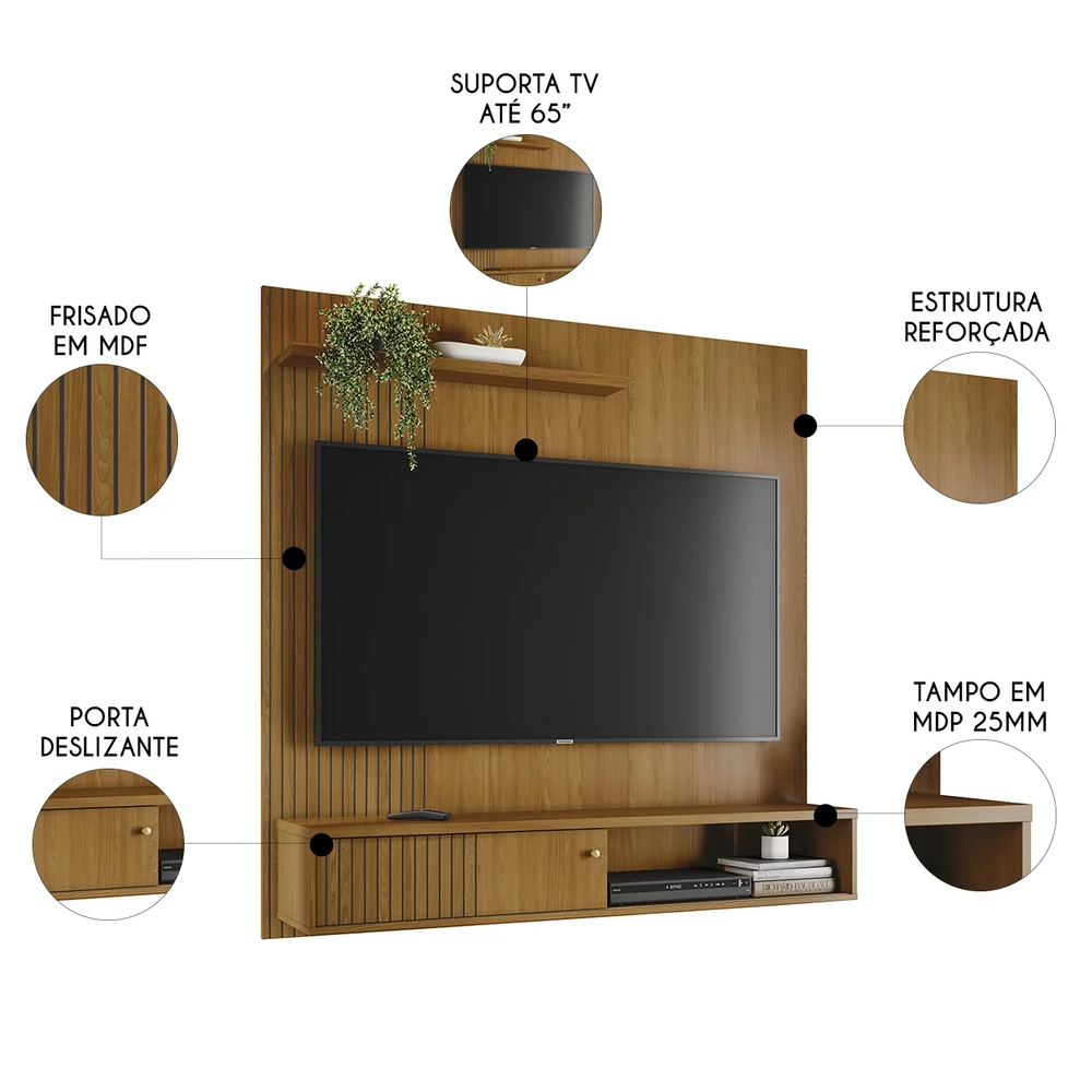 Painel TV 65 Pol e Bancada Suspensa Neris Z10 Cumaru - Mpozenato