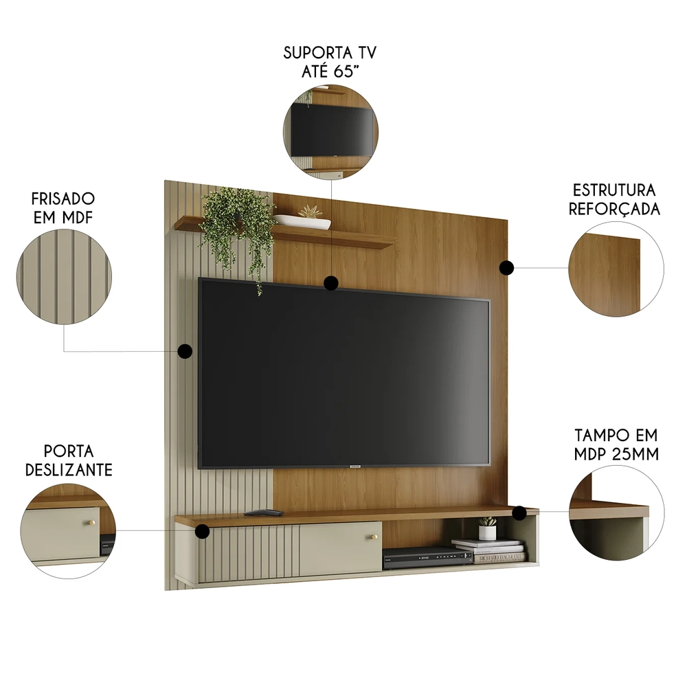 Painel TV 65 Pol e Bancada Suspensa Neris Z10 Cumaru/Opala - Mpozenato