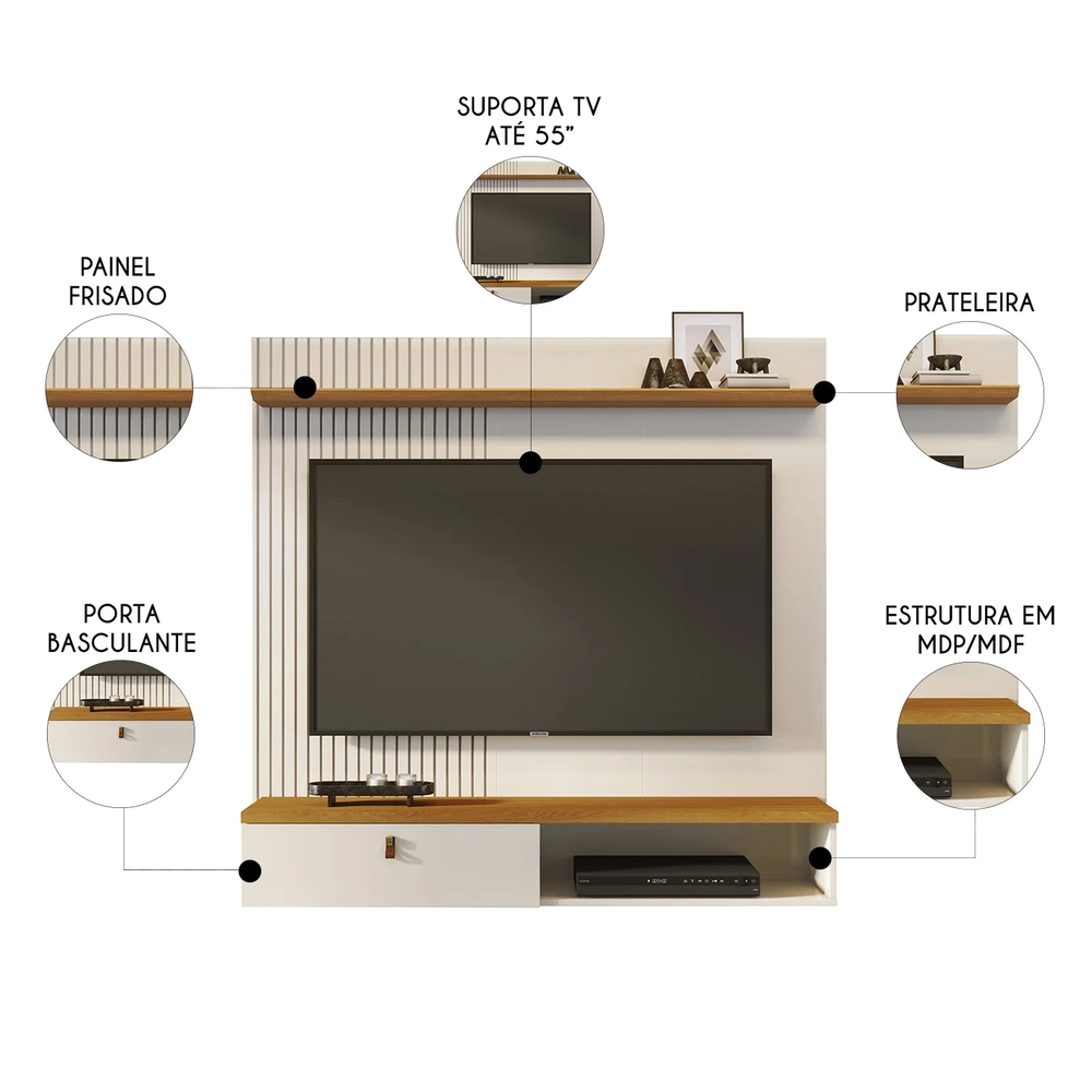 Painel TV 55 Pol e Bancada Suspensa Talyn Z10 Off/Cinamomo - Mpozenato