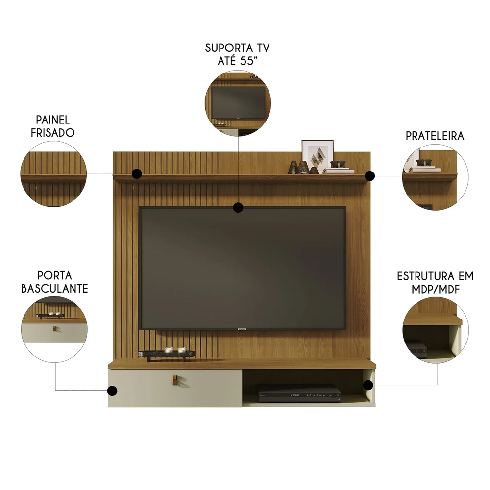 Painel TV 55 Pol e Bancada Suspensa Talyn Z10 Cumaru/Opala - Mpozenato