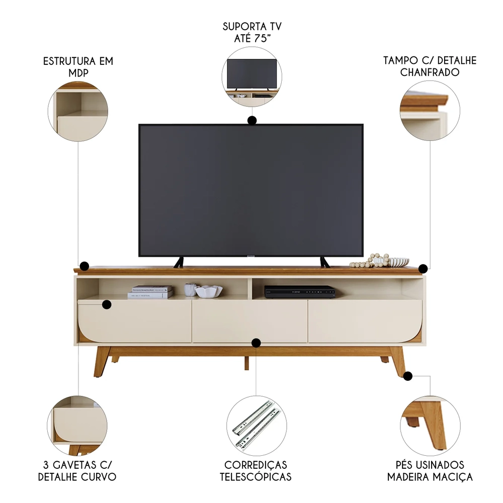 Rack Bancada de TV 75 Pol 200cm Celina Z10 Off/Cinamomo - Mpozenato