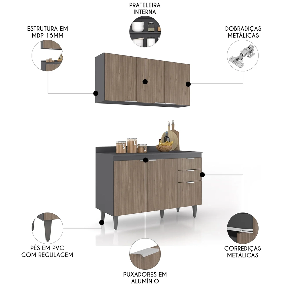 Armário de Cozinha Com Tampo CP01 120cm Pérola Grafite/Freijó Z34 - Mpozenato