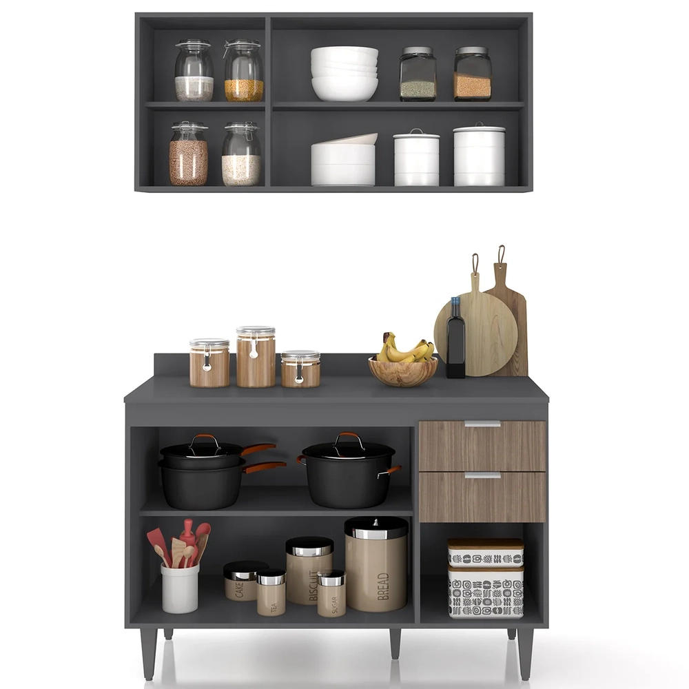 Armário de Cozinha Com Tampo CP01 120cm Pérola Grafite/Freijó Z34 - Mpozenato