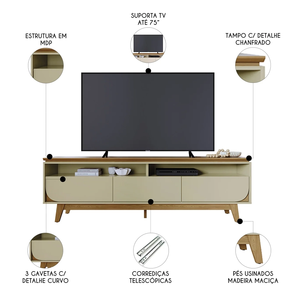 Rack Bancada de TV 75 Pol 200cm Celina Z10 Cumaru/Opala - Mpozenato