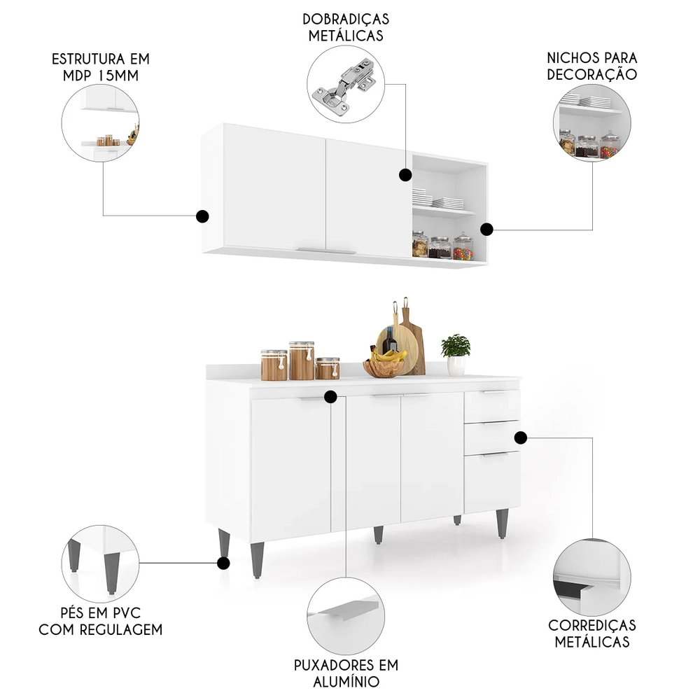 Armário de Cozinha Com Tampo CP01 150cm Pérola Branco Z34     - Mpozenato