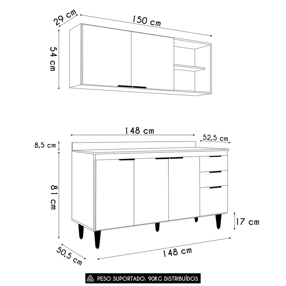 Armário de Cozinha Com Tampo CP01 150cm Pérola Preto Z34      - Mpozenato
