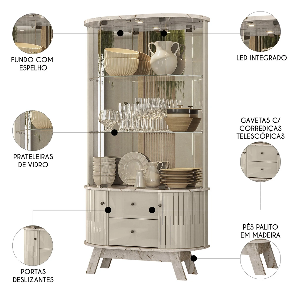 Cristaleira de Vidro Com LED Eva 90cm Z10 Off/Calacata - Mpozenato