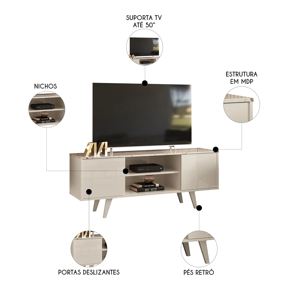 Rack Bancada de TV 50 Pol 136cm Espain Z10 Off/Calacata - Mpozenato