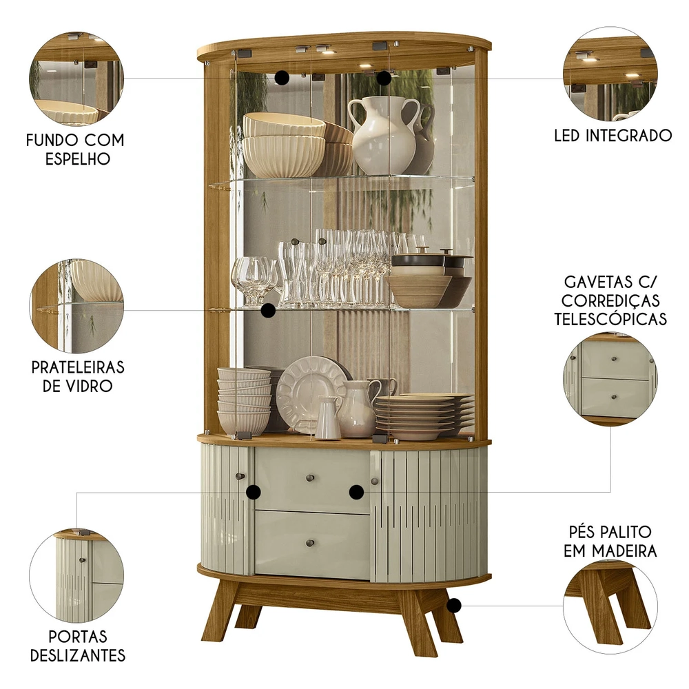 Cristaleira de Vidro Com LED Eva 90cm Z10 Cumaru/Opala - Mpozenato