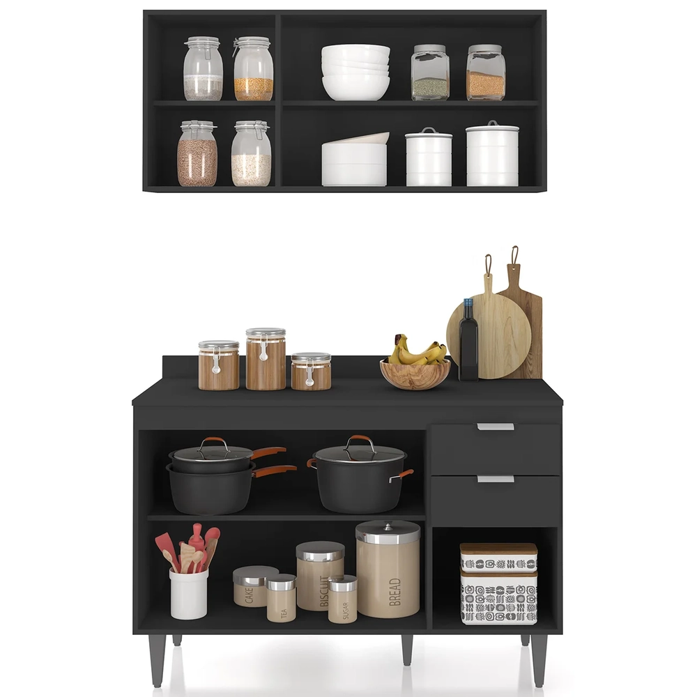 Armário de Cozinha Com Tampo CP01 120cm Pérola Preto Z34      - Mpozenato